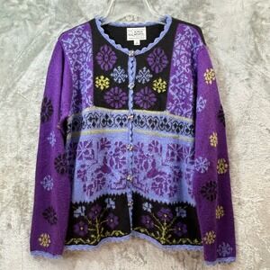 Alpaca Imports Womens Purple Floral Alpaca Wool Blend Knit Cardigan Sweater M